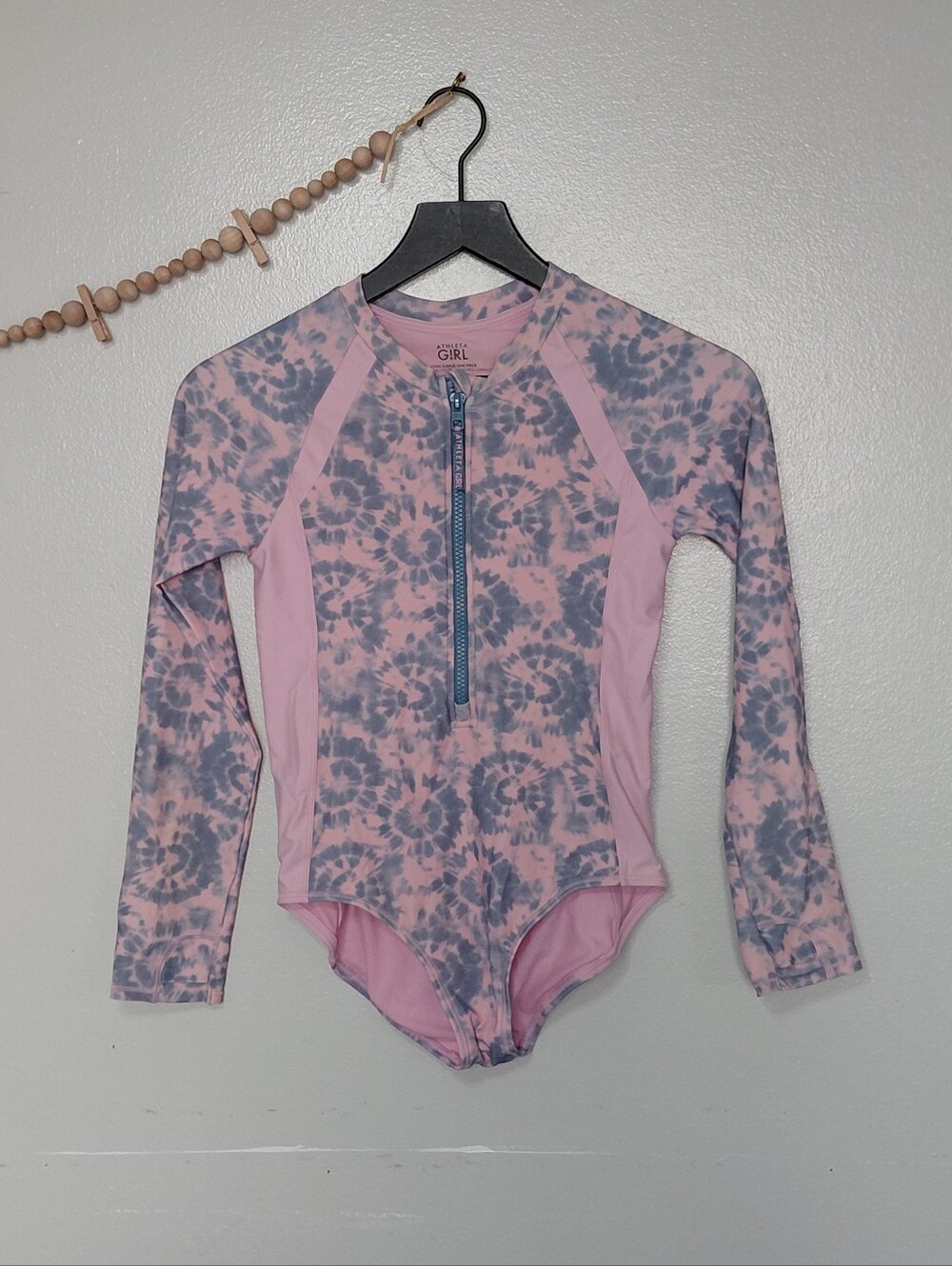 Athleta Girl Long Sleeve Pink Tie Dye Zip Up One Piece Swimsuit L/12
